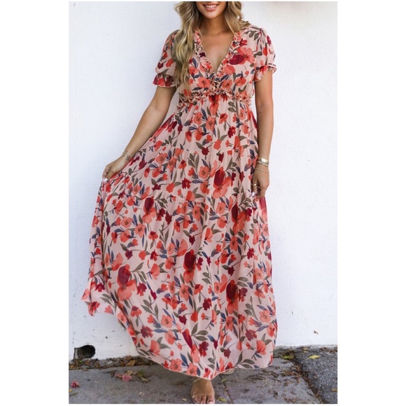 Boho Floral Print Puff Sleeve Maxi Dress - Picture 1 of 3